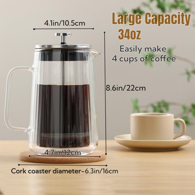 CHDEXU Glass French Press Coffee Maker 34oz, Double Wall Heat-Resistant Borosilicate Glass Coffee Press with Stainless Steel 4-Level Filtration, Also Fit for Tea - Image 3