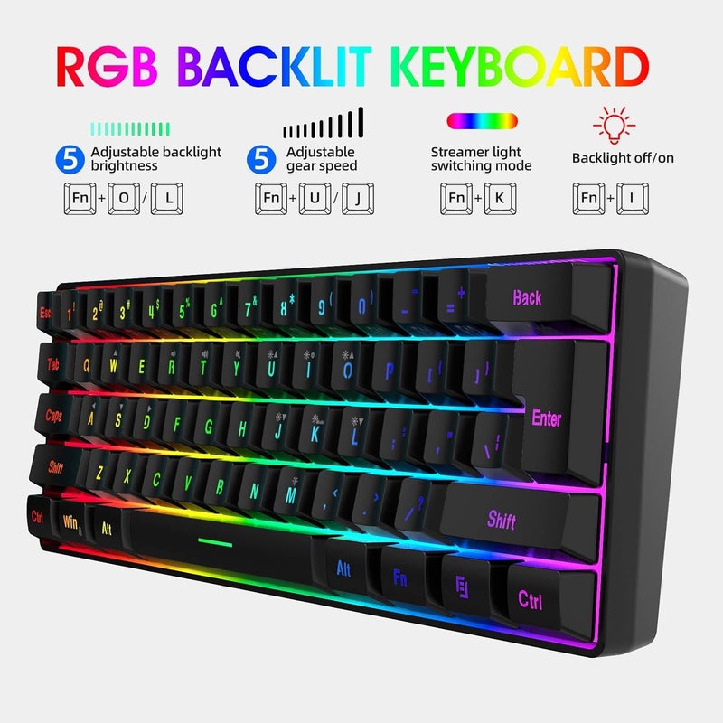 Snpurdiri لوحة مفاتيح ألعاب سلكية Snpurdiri بنسبة 60%، لوحة مفاتيح مصغرة مضاءة بـ RGB، مقاومة للماء، 61 مفتاحًا صغيرًا ومضغوطًا لأجهزة الكمبيوتر/ماك، للاعبين، الكتاب، السفر، سهلة الحمل في رحلات العمل (أسود) - Image 2