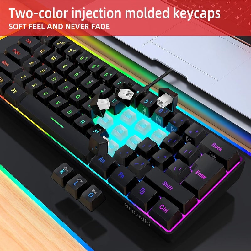 Snpurdiri لوحة مفاتيح ألعاب سلكية Snpurdiri بنسبة 60%، لوحة مفاتيح مصغرة مضاءة بـ RGB، مقاومة للماء، 61 مفتاحًا صغيرًا ومضغوطًا لأجهزة الكمبيوتر/ماك، للاعبين، الكتاب، السفر، سهلة الحمل في رحلات العمل (أسود) - Image 4