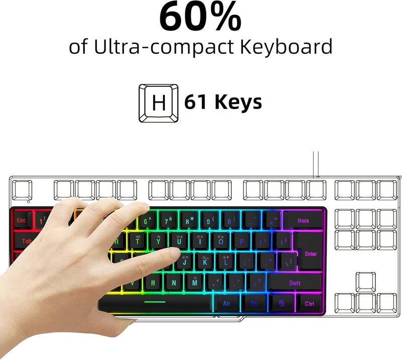 Snpurdiri لوحة مفاتيح ألعاب سلكية Snpurdiri بنسبة 60%، لوحة مفاتيح مصغرة مضاءة بـ RGB، مقاومة للماء، 61 مفتاحًا صغيرًا ومضغوطًا لأجهزة الكمبيوتر/ماك، للاعبين، الكتاب، السفر، سهلة الحمل في رحلات العمل (أسود) - Image 5