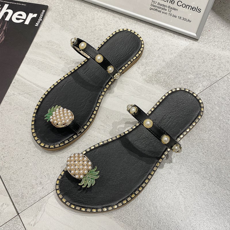 size plus size women''s shoes 2022 summer new pineapple rhinestone sandals women''s outer wear flat beach shoes - Image 1