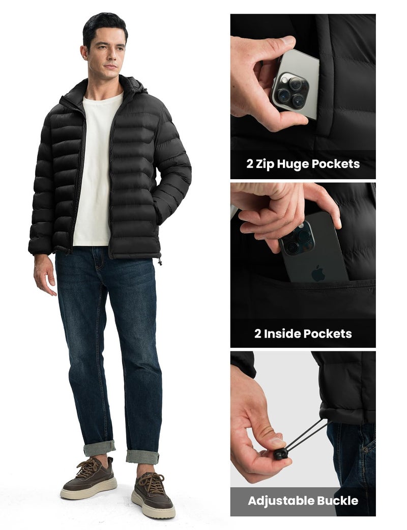 TBMPOY Men's Lightweight Puffer Down Jackets Detachable Hood Water-Resistant Winter Coat Hooded Insulated for Travel Ski Black L - Image 3