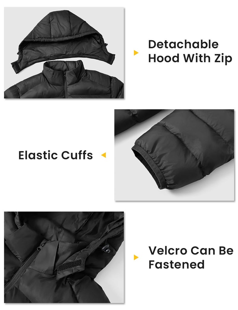 TBMPOY Men's Lightweight Puffer Down Jackets Detachable Hood Water-Resistant Winter Coat Hooded Insulated for Travel Ski Black L - Image 4