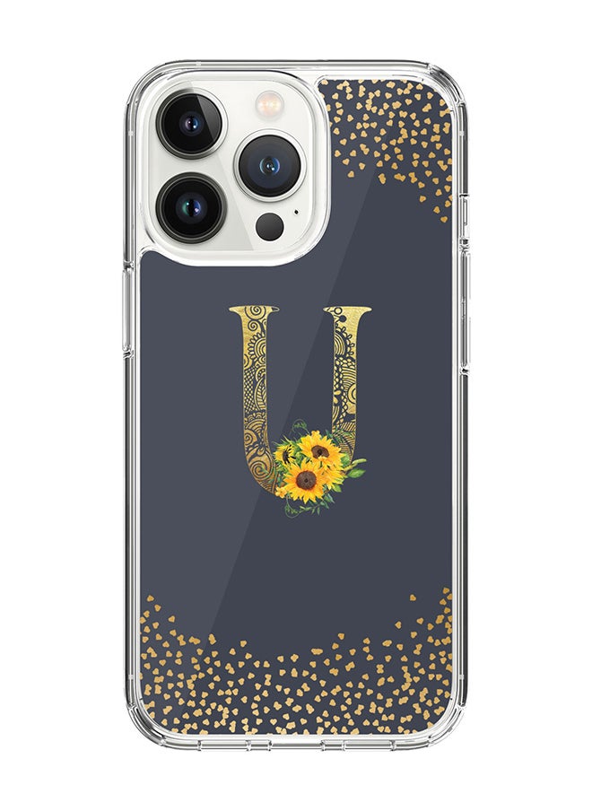 Classic Clear Case For iPhone 15 Pro, Hybrid Soft Case Thin Cover- Custom Monogram Initial Letter Mandala Floral Pattern Alphabet - U ( Grey)