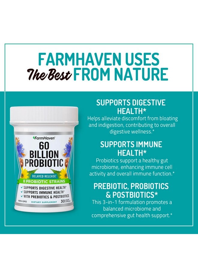 FarmHaven 60 Billion CFU Probiotic - 8 Probiotic Strains - Prebiotics & Postbiotics - Supports Digestive & Immune Health - Delayed Release - Shelf Stable - Non-GMO, Gluten Free - 30 Caps - Image 4
