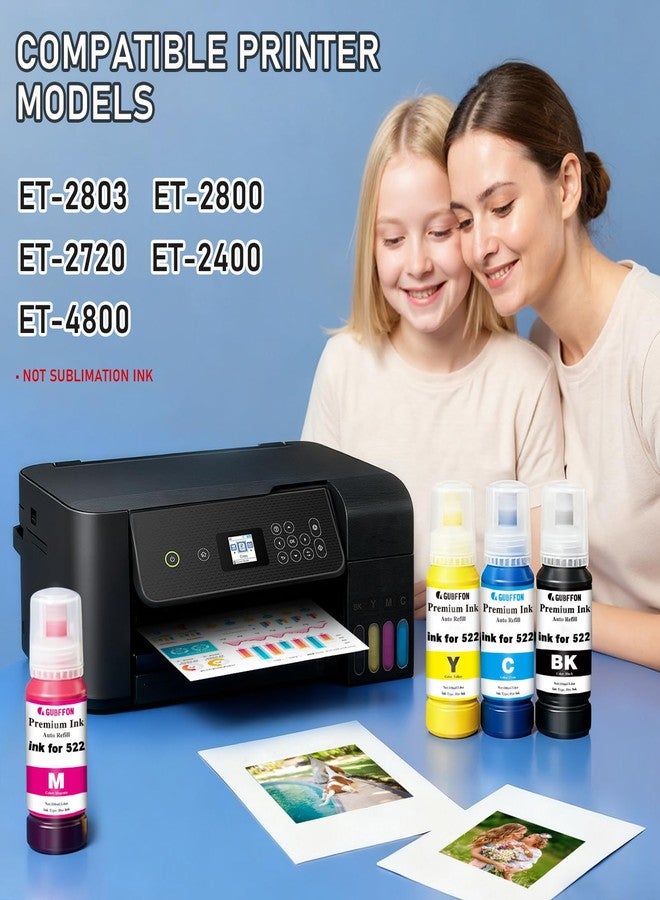 عبوات إعادة تعبئة حبر GUBFFON 522 بديلة مناسبة لطابعات ET-2800 و ET-2400 و ET-4800 و ET-2803 و ET-2720 و ET-2840 و ET-4700 و ET-4810 و ET-37/28/27 50، حبر T522 قائم على الصبغة - 4 × 100 مل أسود/سماوي/أرجواني/أصفر (ليس حبرًا للتسامي) - Image 2