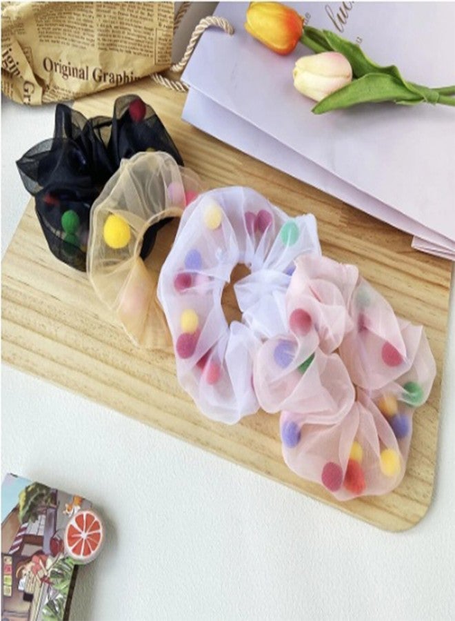 Honbon Cute Colorful Small Pom Pom Balls Chiffon Scrunchies Ponytail Holder Sweet Hair Rubber Band Hair Tie for Kid Girls Fashion Hair Accessories (Multicolor 10 Pcs) - Image 5
