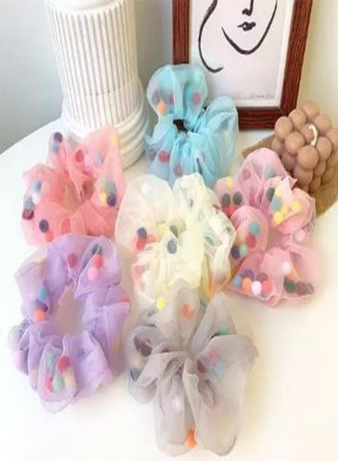 Honbon Cute Colorful Small Pom Pom Balls Chiffon Scrunchies Ponytail Holder Sweet Hair Rubber Band Hair Tie for Kid Girls Fashion Hair Accessories (Multicolor 10 Pcs) - Image 1