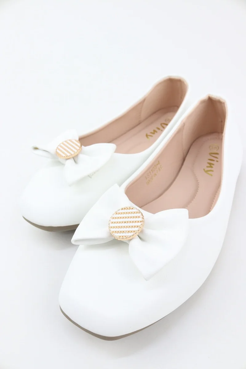 Viny WHITE VINY Women's Cushioned Ballet Flats – Comfortable Slip-On Ballerina Shoes with Bow Detail, Lightweight Flat Shoes for Office, Walking, Travel & Everyday Wear for Women | Best Price UAE