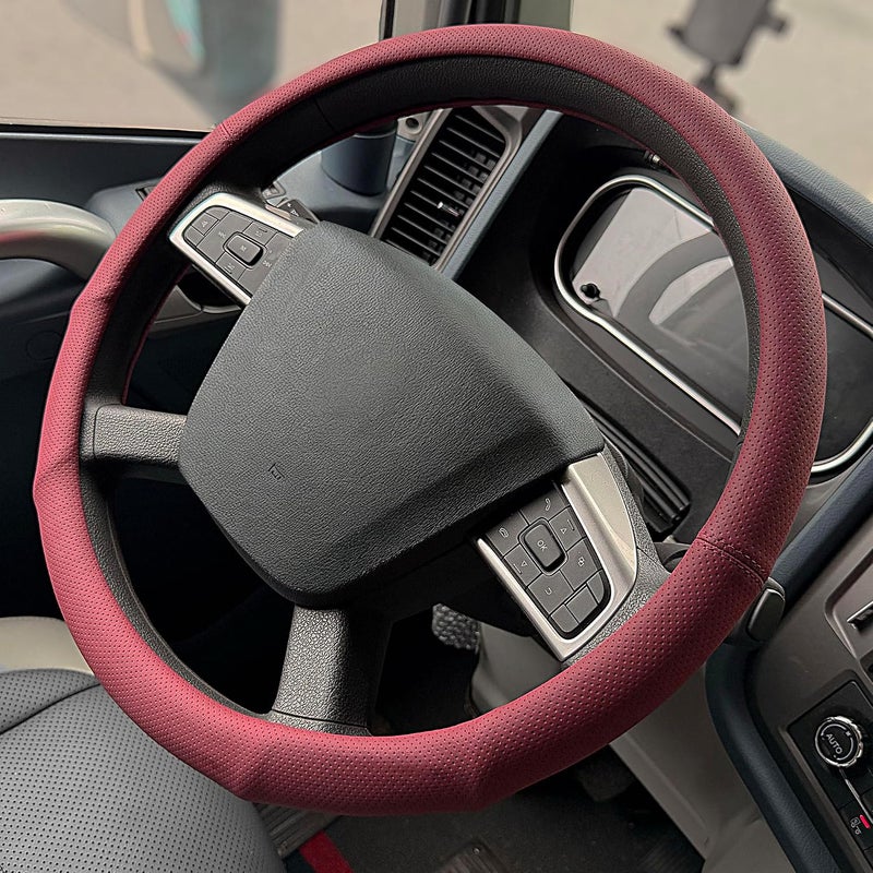 PINCTROT XL 17.5-18in Nappa Leather Supported Grip Steering Wheel Cover for Semi Truck, Fits RV, Big Rig Trucker, 18 Wheeler and Classic Cars, Anti-Slip Perforated Design 17.5-18 Inch (Burgundy Red) - Image 1