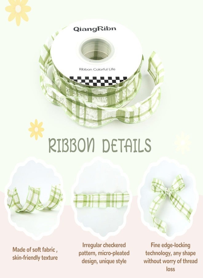 QIANGRIBN Gingham Ribbon Green, Ruffled Plaid Fabric Ribbon for Gift Wrapping, Floral Bouquets, Wreaths, Party Decorations, DIY Crafts, Vintage Decor, Sage Green Gingham Ribbon, 1 Inch x 10 Yards - Image 3
