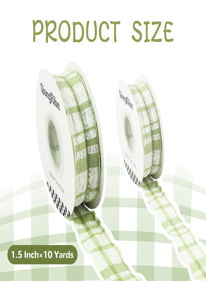QIANGRIBN Gingham Ribbon Green, Ruffled Plaid Fabric Ribbon for Gift Wrapping, Floral Bouquets, Wreaths, Party Decorations, DIY Crafts, Vintage Decor, Sage Green Gingham Ribbon, 1 Inch x 10 Yards - Image 2