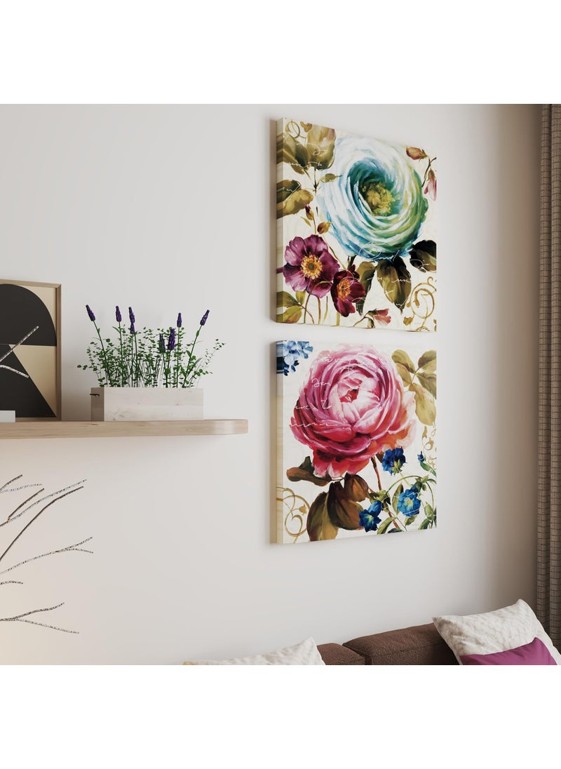 Art Street - Art Street Stretched Modern Canvas Painting, Blue & Pink Floral Theme Artwork for Wall Art, Living Room, Home, Bedroom, Office Decoration (Set of 2, 12x12 Inch) - Image 1