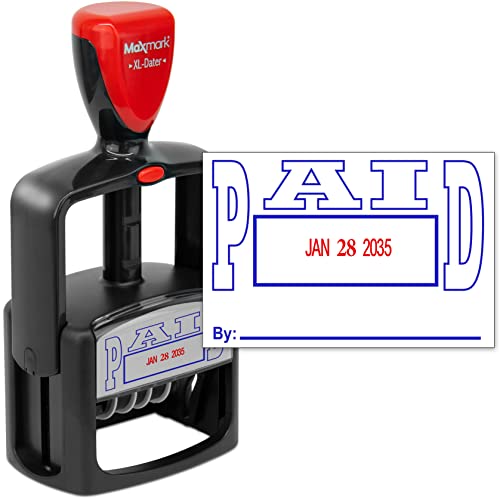 Rubber Stamp Creation MaxMark Heavy Duty Style 5 Date Stamp with Paid self Inking Stamp - 2 Color Blue/Red Ink - Image 1