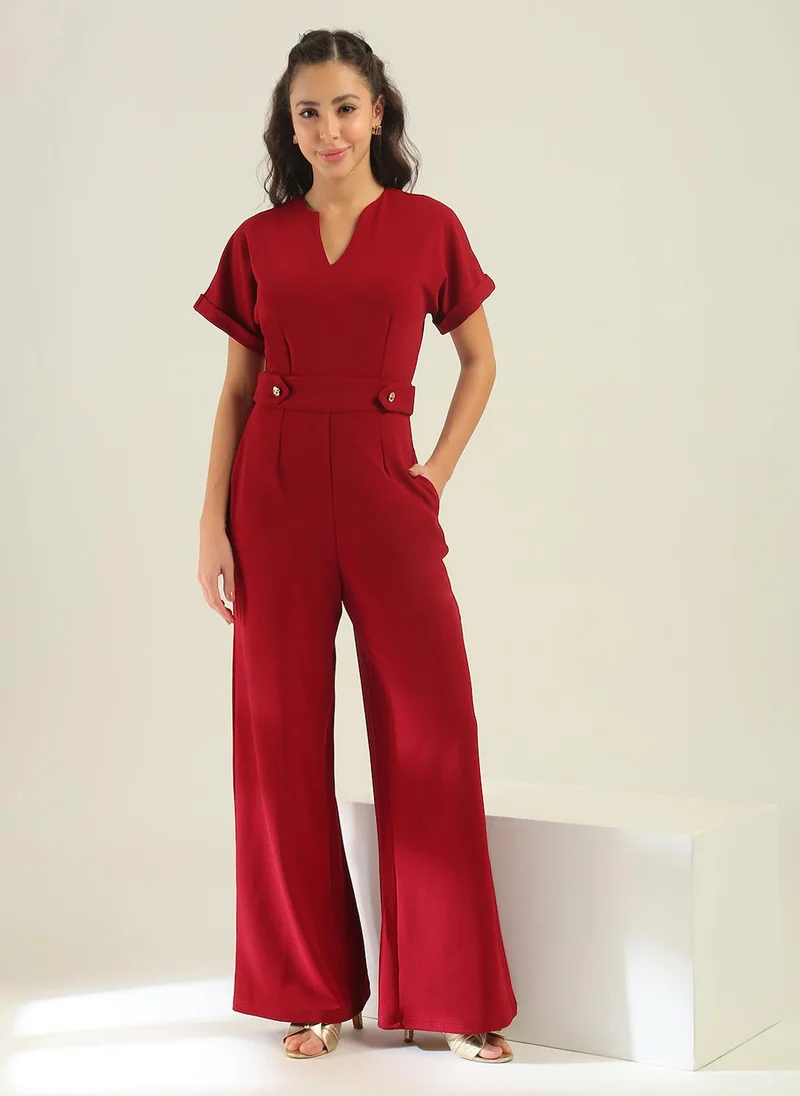 globus Globus Women Maroon V-Neck Extended Sleeves Self Design Wide Leg Belted Workwear Jumpsuit