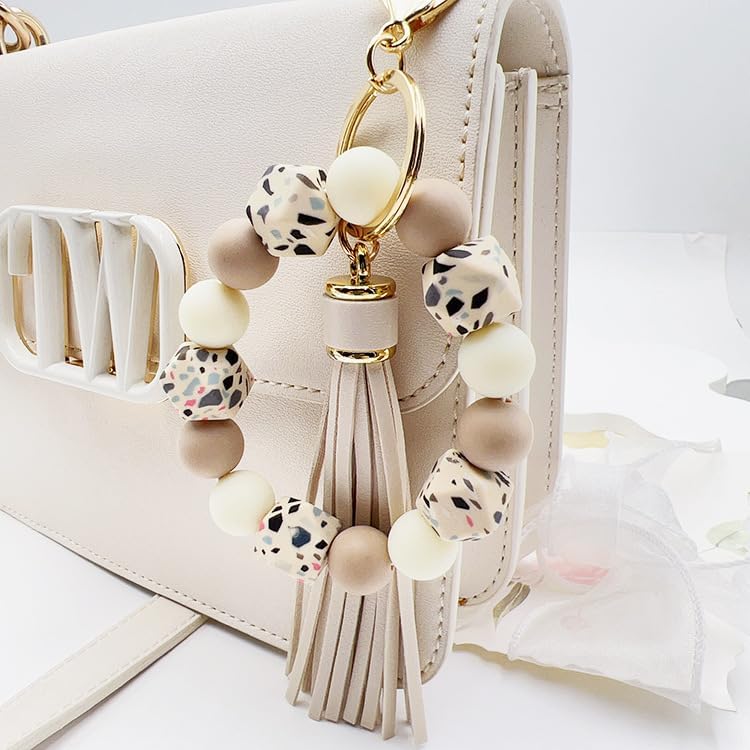 Boethesi Silicone Beaded Bracelet Keychain Key Ring for Women, Key Chain with PU Tassel, Car Keyring Wristlet Bag Pendant - Image 5