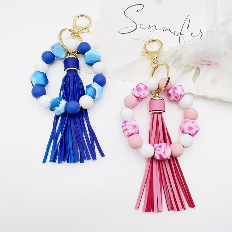Boethesi Silicone Beaded Bracelet Keychain Key Ring for Women, Key Chain with PU Tassel, Car Keyring Wristlet Bag Pendant - Image 4
