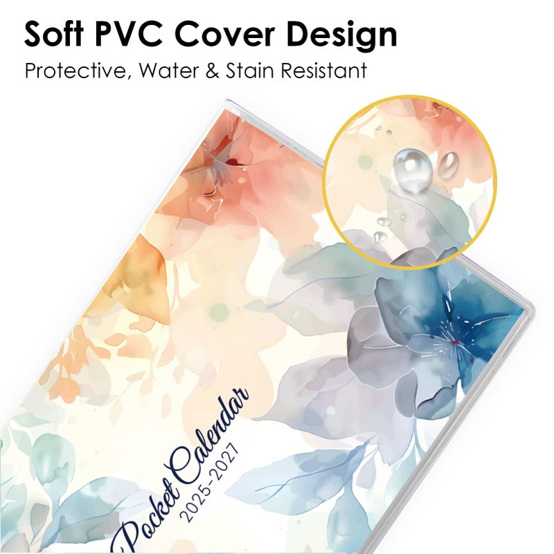 SKYDUE Pocket Calendar 2026-2027 for Purse 6.5" x 3.5", 2026-2027 Pocket Planner 24 Months with Soft Waterproof Cover, Watercolor Floral - Image 3