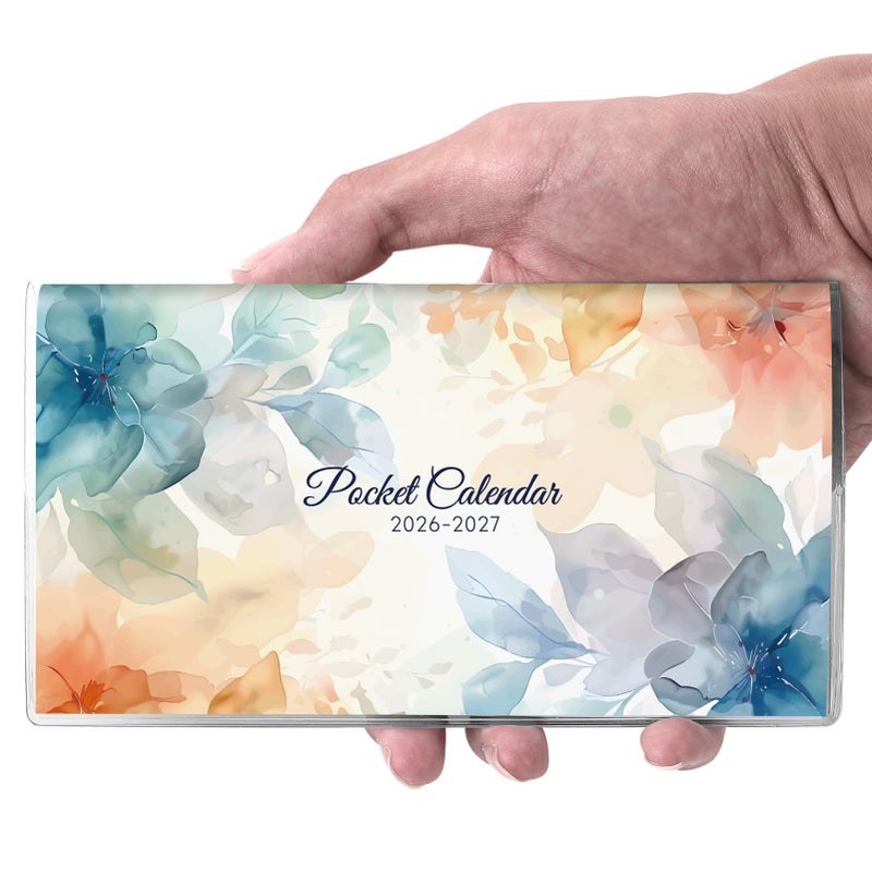 SKYDUE Pocket Calendar 2026-2027 for Purse 6.5" x 3.5", 2026-2027 Pocket Planner 24 Months with Soft Waterproof Cover, Watercolor Floral - Image 1
