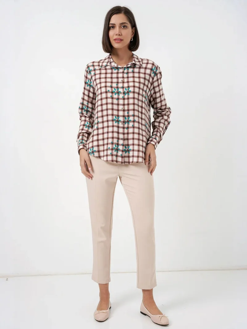 Big Dart Mocha Brown BDART Plaid Button-up Shirt with Shirt Collar for Women | Best Price UAE