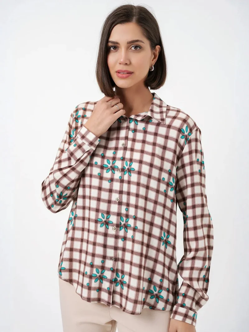 Big Dart Mocha Brown BDART Plaid Button-up Shirt with Shirt Collar for Women | Best Price UAE
