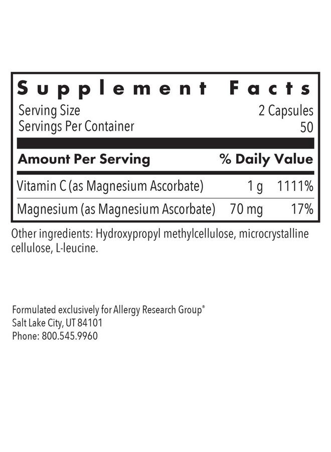 Allergy Research Group Magnesium Ascorbate Supplement - 1000mg Buffered Vitamin C, Immune Support, Magnesium Powder, Vegetarian Capsules - 100 Count - Image 3