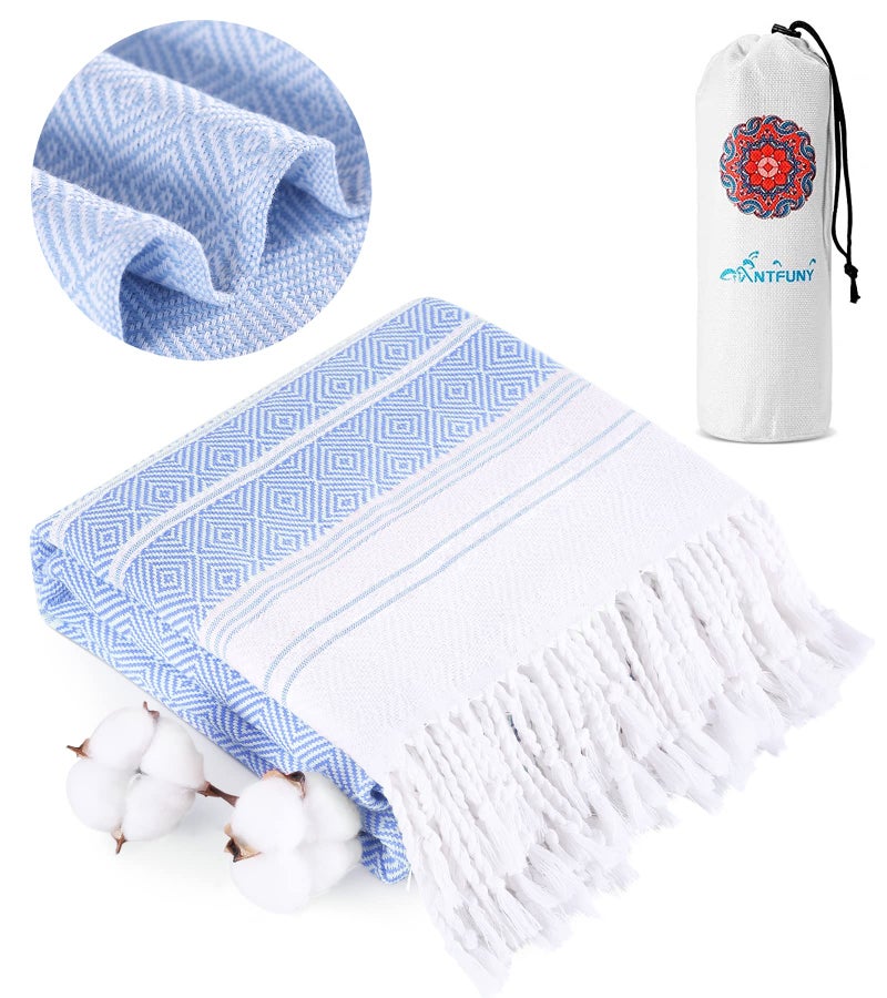 Antfuny Turkish Beach Towels Vacation Essentials Quick Dry Sand Free Soft Absorbent Adult Oversized Bath Pool Swim Long Wide Stripe Towel Sound Cloud Linen Mat Summer Thing Lightweight Thin Blue - Image 1