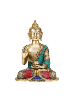 Kartique Kartique Turquoise Brass Buddha in Blessing Posture Home Decor Sculpture Height 10 Inches Multicoloured, 8.5 x 11.  - Image 1