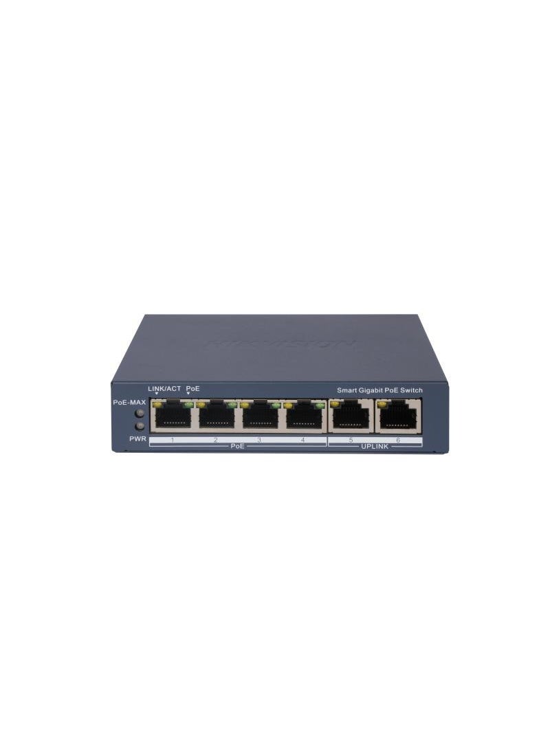 مفتاح PoE ذكي مُدار DS-3E1506P-EI – 4× PoE جيجابت (802.3af/at)، 2× اتصال جيجابت، ميزانية PoE 60W، PoE طويل المدى 300م، حماية من الارتفاعات الكهربائية 6kV، VLAN، STP/RSTP، مراقب PoE، سعة تبديل 14Gbps