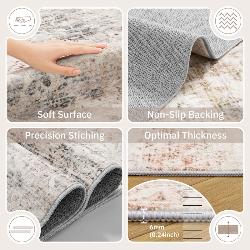 Soalmost 8x10 Area Rugs for Living Room, Stain Resistant Neutral Washable Rugs for Dining Room, Floral Vintage Non-Slip Thin Large Size Area Rug Taupe - Image 5