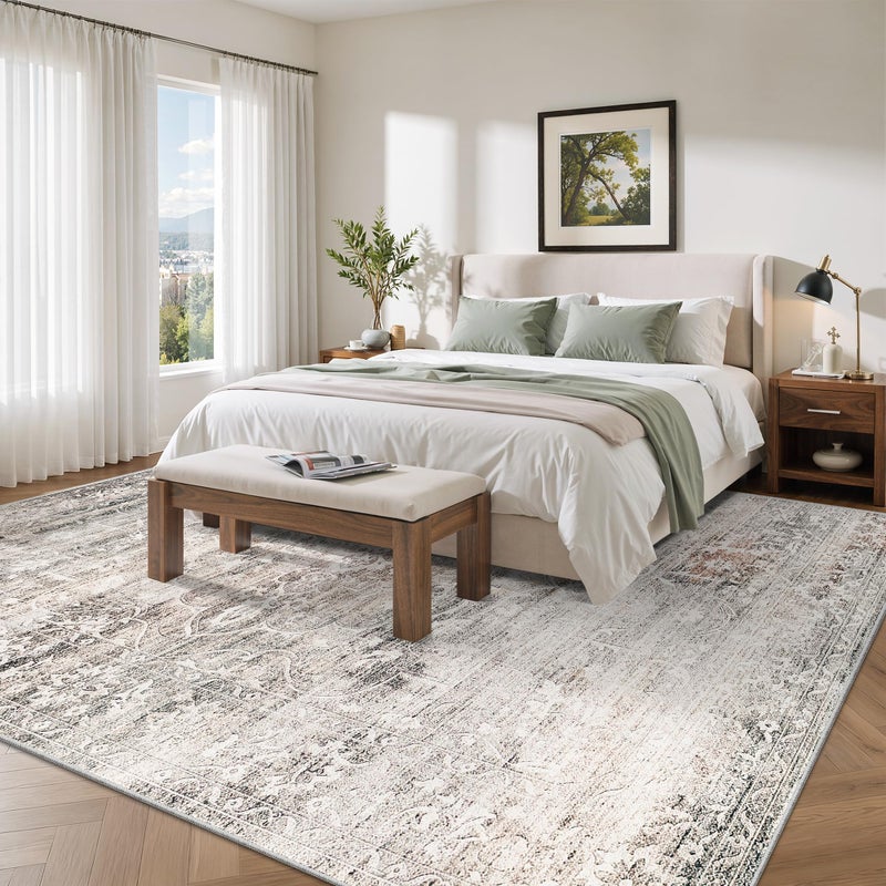 Soalmost 8x10 Area Rugs for Living Room, Stain Resistant Neutral Washable Rugs for Dining Room, Floral Vintage Non-Slip Thin Large Size Area Rug Taupe - Image 2