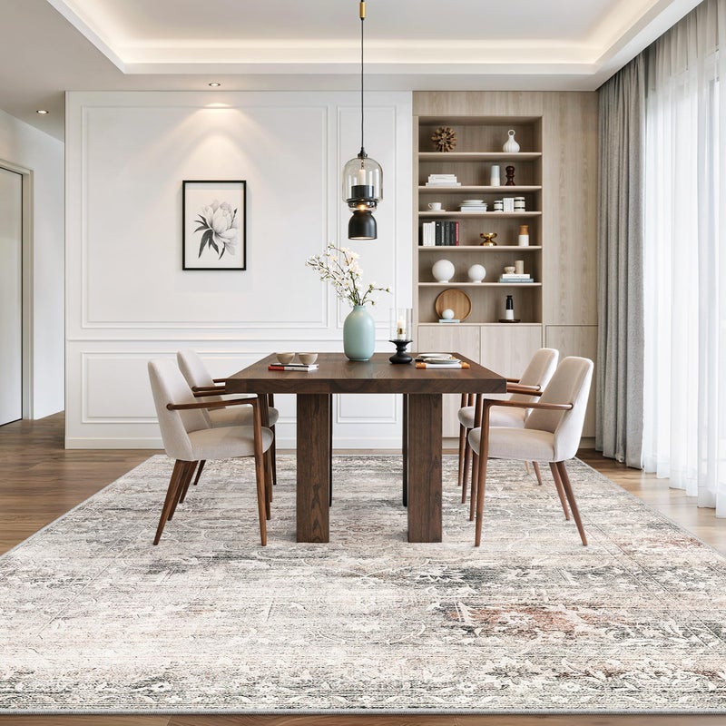 Soalmost 8x10 Area Rugs for Living Room, Stain Resistant Neutral Washable Rugs for Dining Room, Floral Vintage Non-Slip Thin Large Size Area Rug Taupe - Image 3
