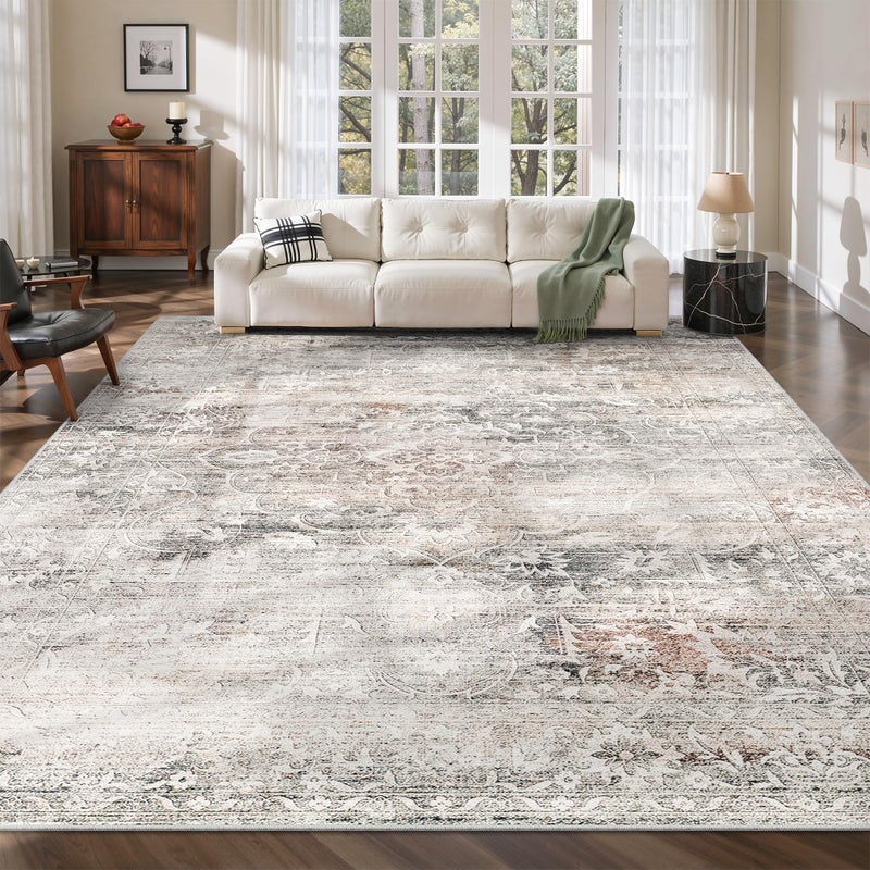 Soalmost 8x10 Area Rugs for Living Room, Stain Resistant Neutral Washable Rugs for Dining Room, Floral Vintage Non-Slip Thin Large Size Area Rug Taupe - Image 1