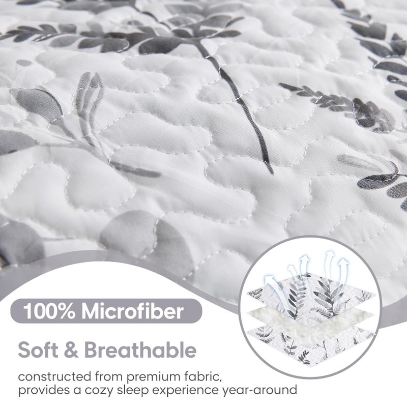 JSD Grey White Floral Quilt Set Twin Size, 2 Piece Printed Bedspreads Coverlet with Pillow Sham, Soft Microfiber Quilted Blanket - Image 4