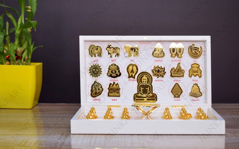 Jainkart Jain 24 Tirthankar And 16 Swapna For Digamber Jain Golden Plated White Designer Royal Box/Peti/Jainism Decorative Gifts Item/Frame (Size - 8.5 x 4.5 inches) - Image 3