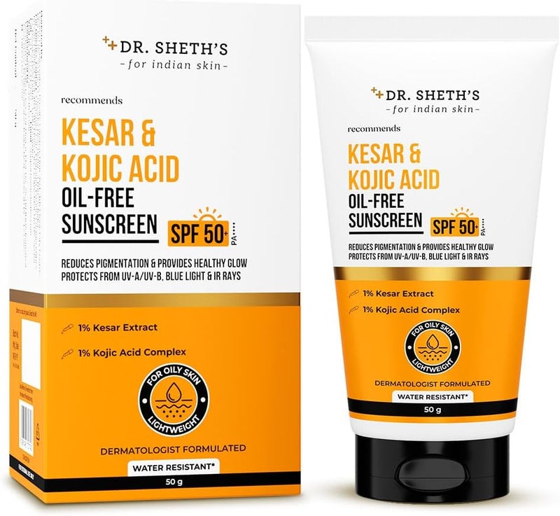 Dr. Sheth's واقي شمس خالي من الزيت SPF 50+ PA++++ من د. شيث مع كيسار وحمض كوجيك - حماية خفيفة الوزن وغير دهنية للبشرة الخالية من التصبغات - Image 1