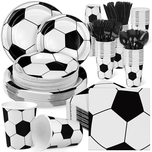 Kochorie 400 Pieces Soccer Disposable Party Tableware Sets Including Plates Cups Napkins Cutlery Serves 50 for Soccer Games Sports Birthday Party Decorations - Image 1