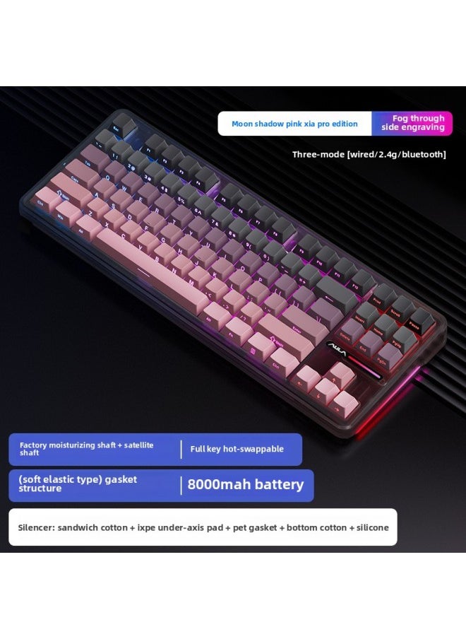Generic - Customized F87P Three-Mode Keycap Side-Engraved Special Mechanical Keyboard Wireless Bluetooth Ro E-Sports Computer Game-Color:F87 Pro Moon Shadow Pink Gray Wood Shaft V4 - Image 1