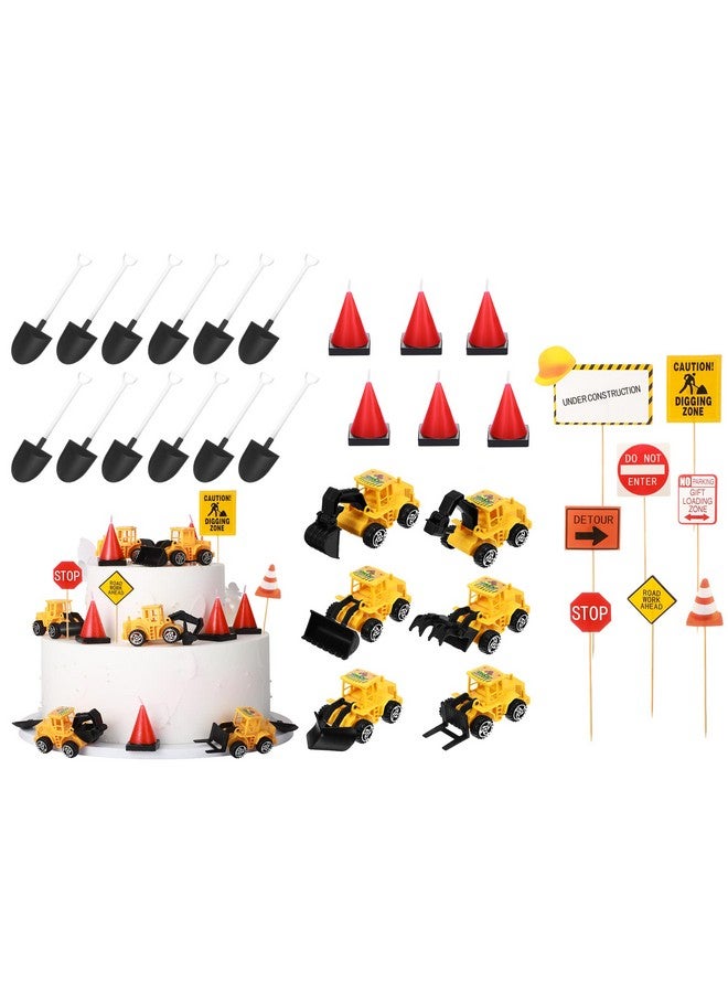Sratte 40 Pcs Construction Cake Toppers Vehicles Cake Decoration Set Includes 6 Construction Truck Cake Toppers, 6 Cone Shaped Molded Candles, 12 Plastic Shovel Shape Spoons, 16 Road Sign For Birthday - Image 1