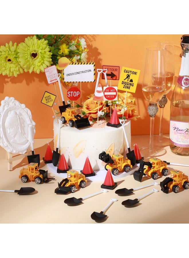 Sratte 40 Pcs Construction Cake Toppers Vehicles Cake Decoration Set Includes 6 Construction Truck Cake Toppers, 6 Cone Shaped Molded Candles, 12 Plastic Shovel Shape Spoons, 16 Road Sign For Birthday - Image 5