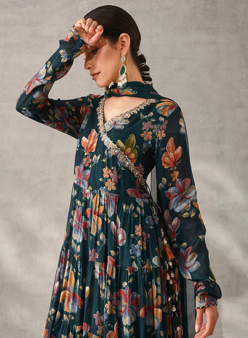 آي شين طقم كورتا نسائي ثلاث قطع أزرق تشينون بتصميم ذاتي مع بنطلون بالازو كامل الطول بقصة عادية