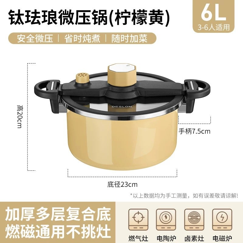 6L Enamel Micro-Pressure Cooker with Zero Coating & Zero Fluoride - Multi-Function Stew Pot for Soups Braising, Healthy Non-Toxic Cookware with Locking Lid for Flavor  Preservation