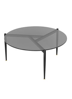 ماركة غير محددة طاولة قهوة من الزجاج المقسى، مستديرة كبيرة مقاس 80 سم × 40 سم، طاولات علوية من الزجاج الملون باللون الرمادي البسيط والحديث مع ساق سوداء غير لامعة وطاولة مركزية بدائرة منخفضة لغرفة المعيشة  - Image 1