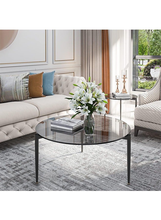 Generic Tempered Glass Coffee Table Round Large 80cm x 40cm Modern Minimalist High Gloss Gray Tinted Glass Top Tables with Matt Black Leg Clear Low Circle Centre Table for Living Room  - Image 2