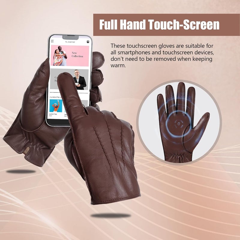 GSG SINCE 1998 Men's Genuine Leather Touchscreen Gloves - Wool Lined Brown - Image 3