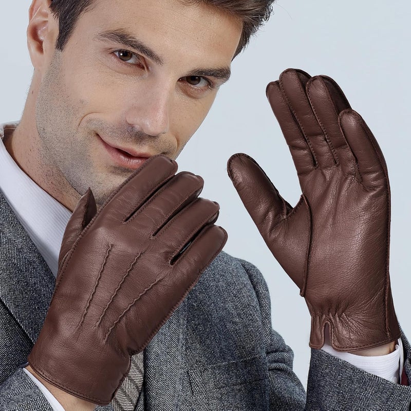 GSG SINCE 1998 Men's Genuine Leather Touchscreen Gloves - Wool Lined Brown - Image 2