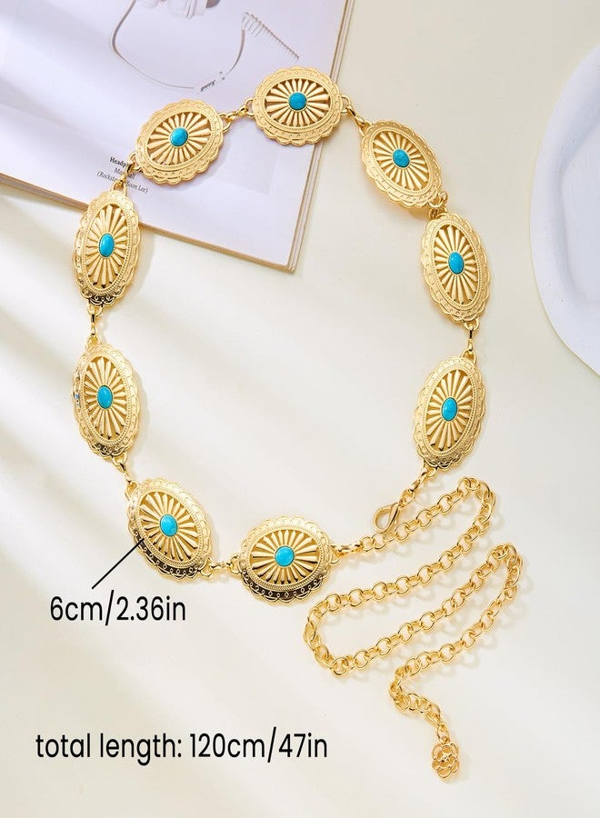 RINHOO Western Concho Belt for Women Cowgirl Metal Belts Adjustable Boho Vintage Turquoise Chain Belt for Dresses Jeans (Gold-Turquoise) - Image 3
