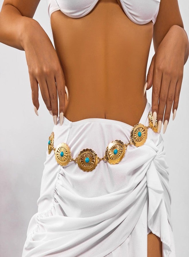RINHOO Western Concho Belt for Women Cowgirl Metal Belts Adjustable Boho Vintage Turquoise Chain Belt for Dresses Jeans (Gold-Turquoise) - Image 5