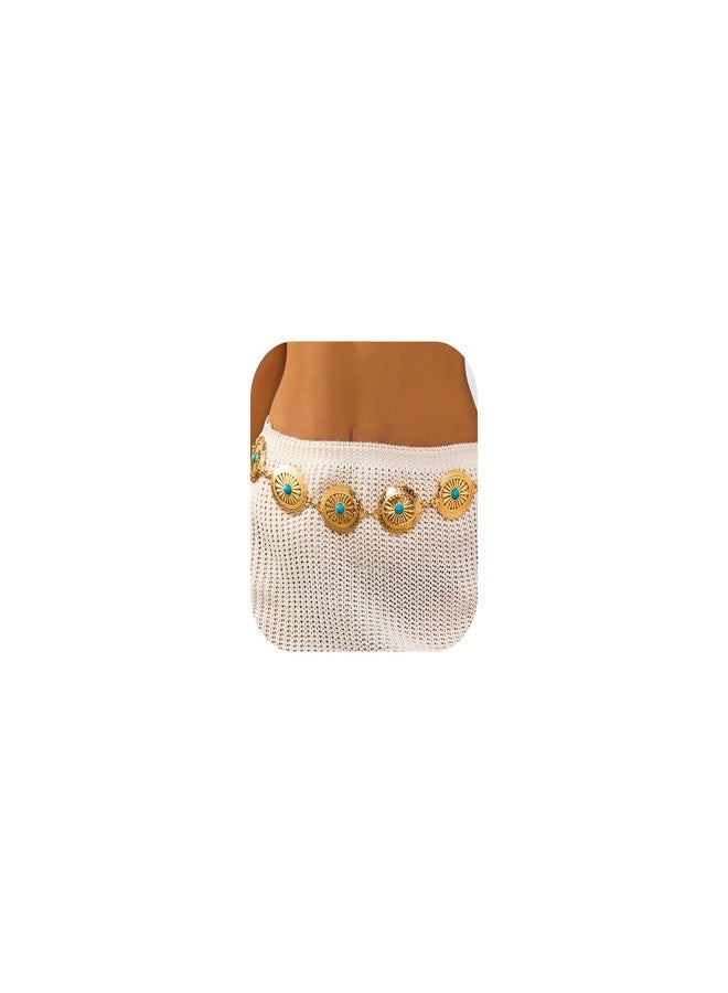 RINHOO Western Concho Belt for Women Cowgirl Metal Belts Adjustable Boho Vintage Turquoise Chain Belt for Dresses Jeans (Gold-Turquoise) - Image 1
