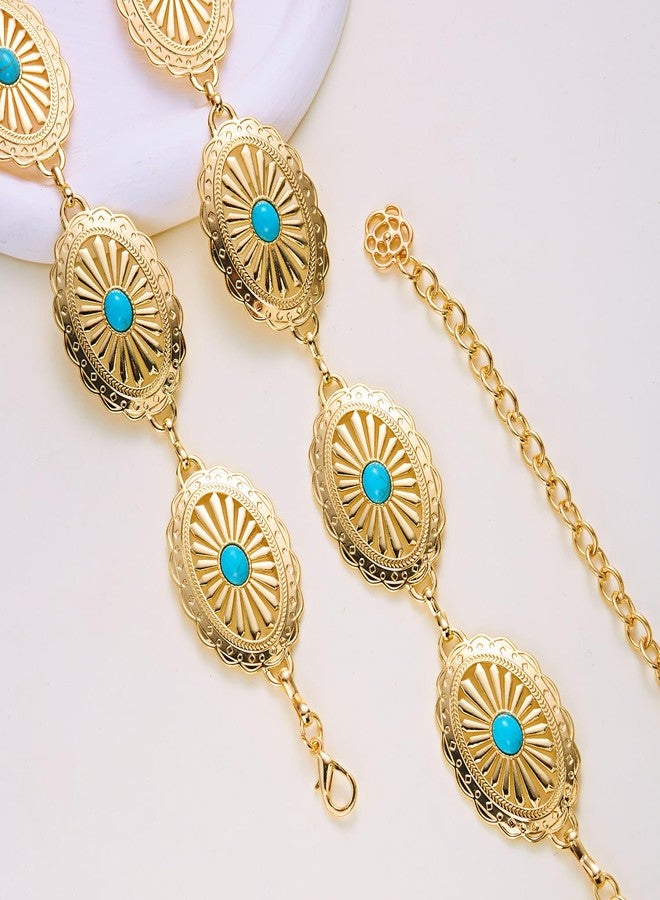 RINHOO Western Concho Belt for Women Cowgirl Metal Belts Adjustable Boho Vintage Turquoise Chain Belt for Dresses Jeans (Gold-Turquoise) - Image 2